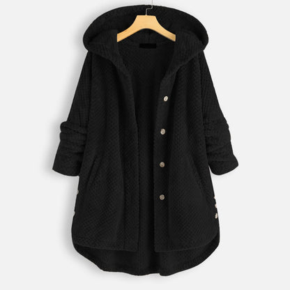 Mid-length, reversible fleece jacket with hood for winter